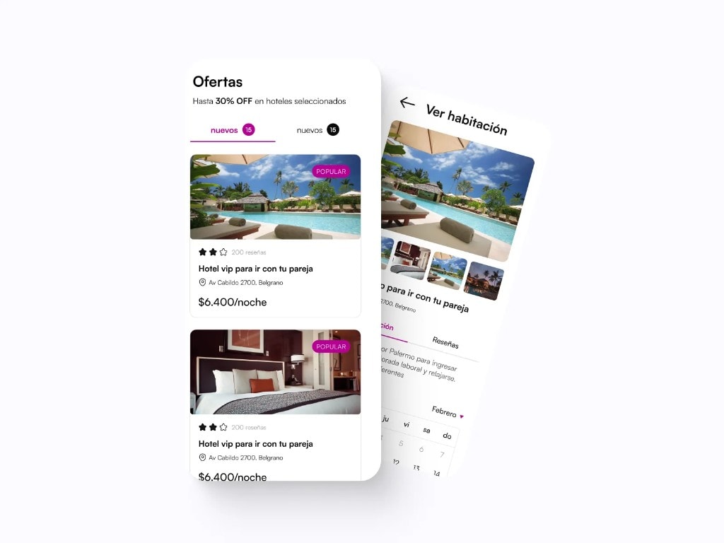 Booking app, offers list and room detail